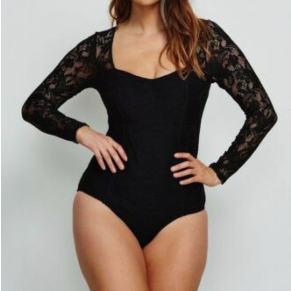 BLACK LACE LONG SLEEVE OPEN BACK ONE PIECE SWIMSUIT Sz US 10 - Picture 9 of 14